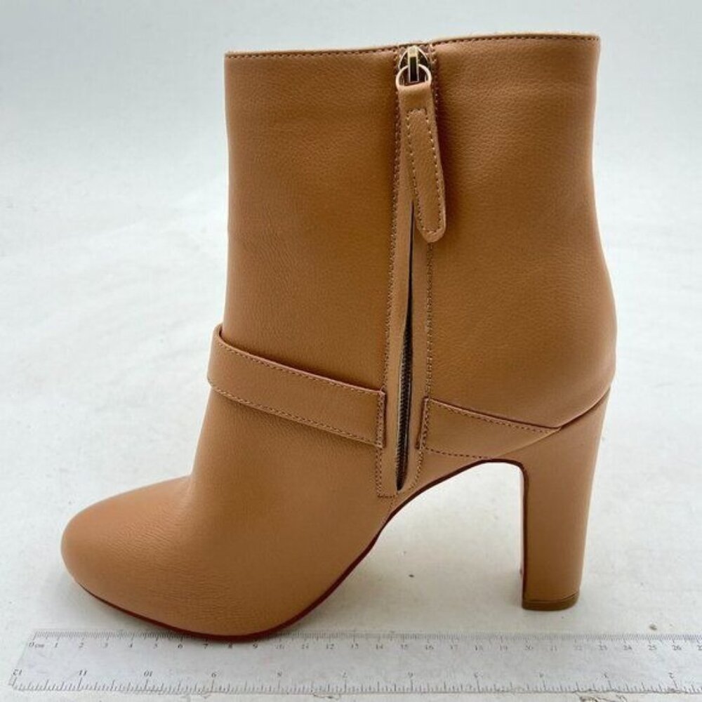 Light Brown Buckled Strappy Round Toe Ankle Boots Zipper Chunky Heel Dress Boot